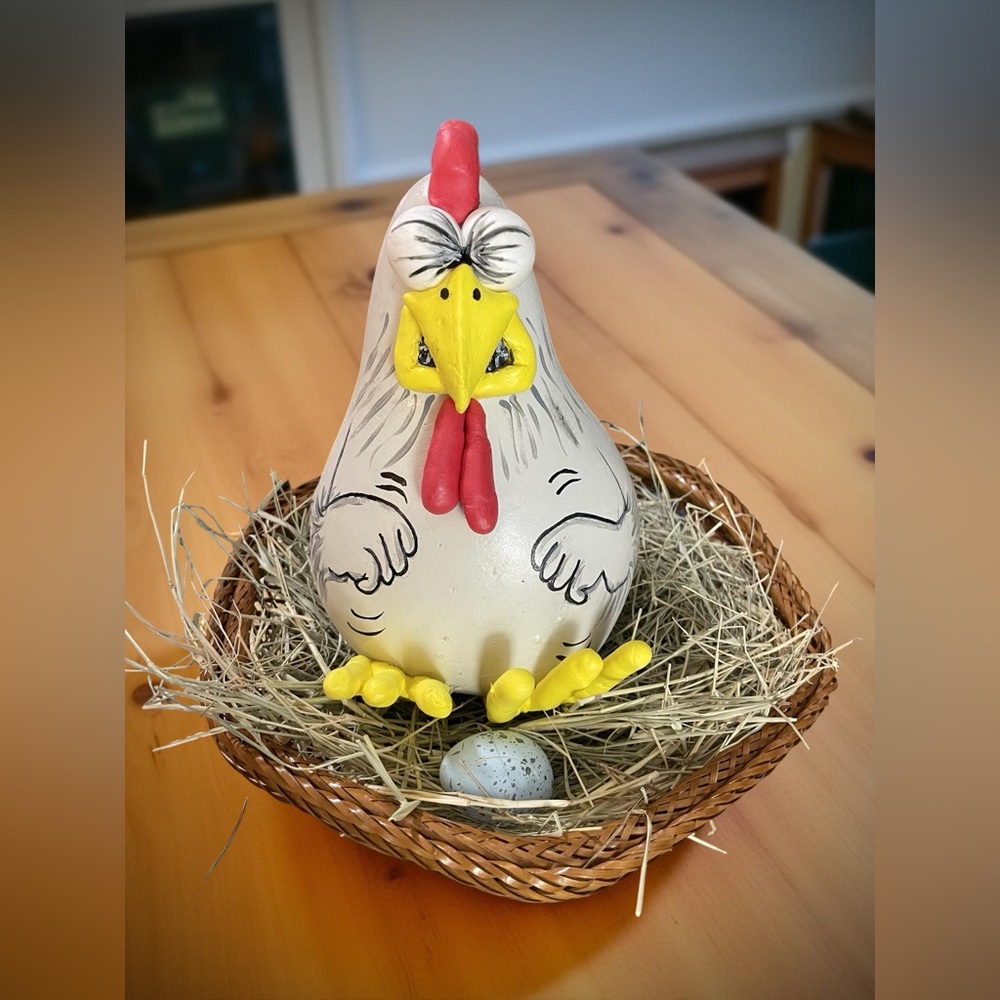 Handcrafted painted white chicken egg hay basket dry gourd air dry clay upcycled